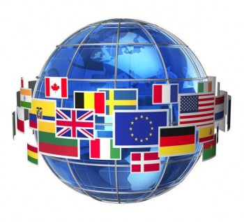 Globe with international flags circling it.