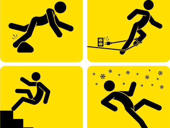 Stick figures demonstrating slips, trips, and falls