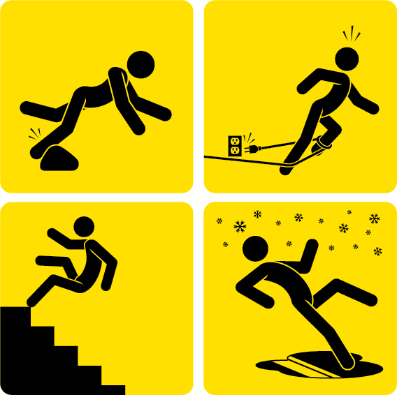 Stick figures demonstrating slips, trips, and falls