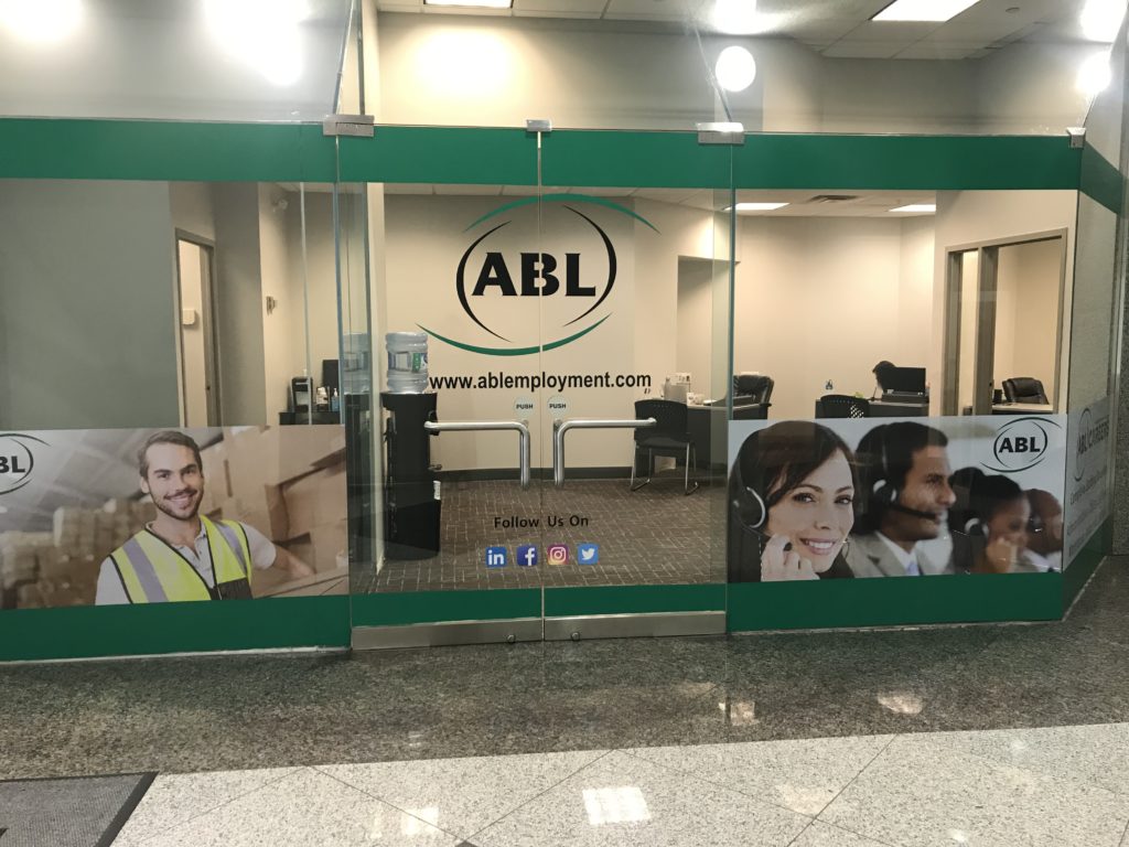 Exterior glass walls and signage from our ABL Careers office in Etobicoke