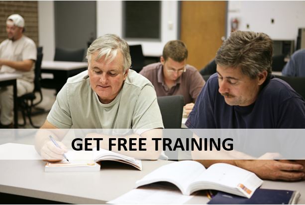 2 men studying in a classroom and text that says "Get free training"