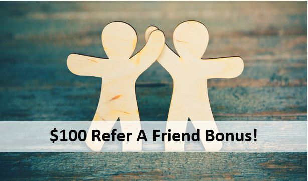 2 wooden cut-out stick figures clasping hands, text saying "Refer A Friend Bonus"