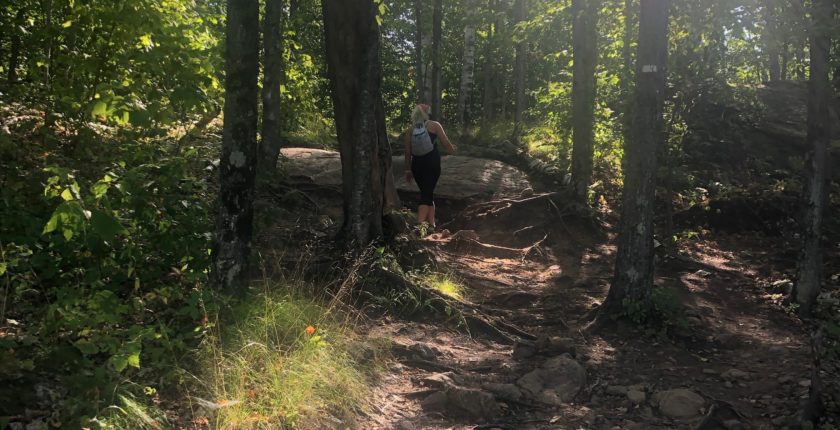 Woman hiking on a wooded trail in the dappled sunlight