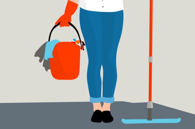 illustration of a person carrying a bucket of cleaning supplies and a mop