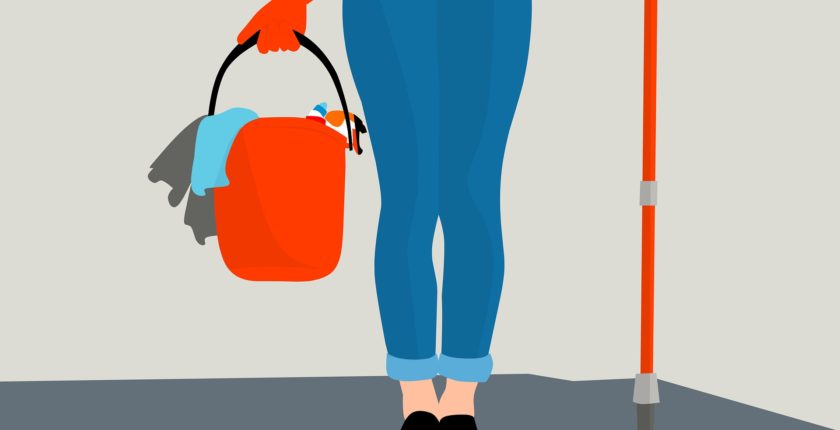 illustration of a person carrying a bucket of cleaning supplies and a mop