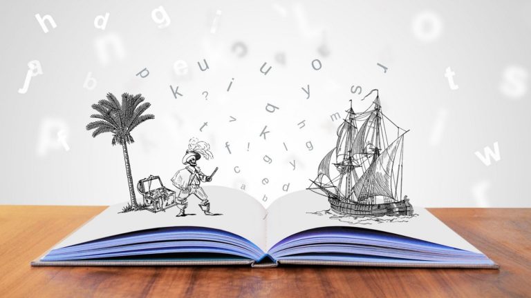 open book with illustration of pirate, palm tree and pirate ship