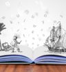 open book with illustration of pirate, palm tree and pirate ship