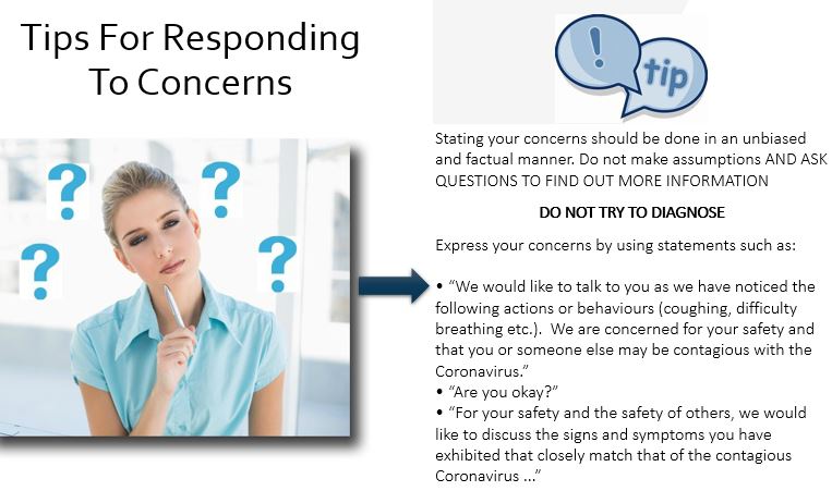 Screencapture of a slide from a presentation, 2 people smiling at a table, and title text that says "Tips for responding to concerns"