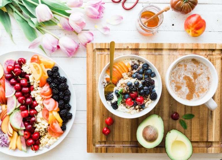 healthy food on platter and chopping board