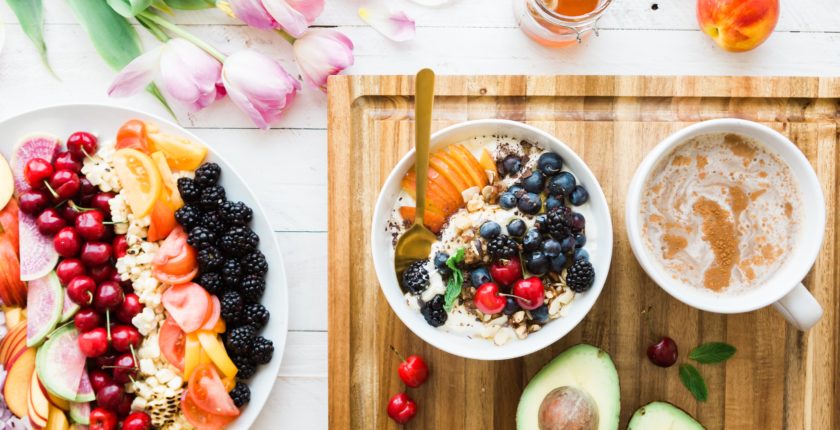 healthy food on platter and chopping board