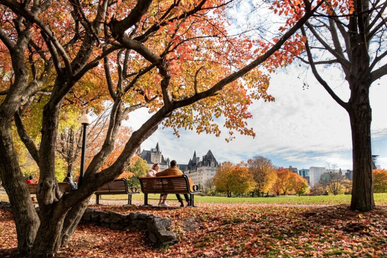 2 people sit on a park bench with Canadian parliament building in background