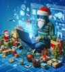 AI generated image of a Santa dressed in casual christmas sweater sitting with a laptop and surrounded by all kinds of toys.