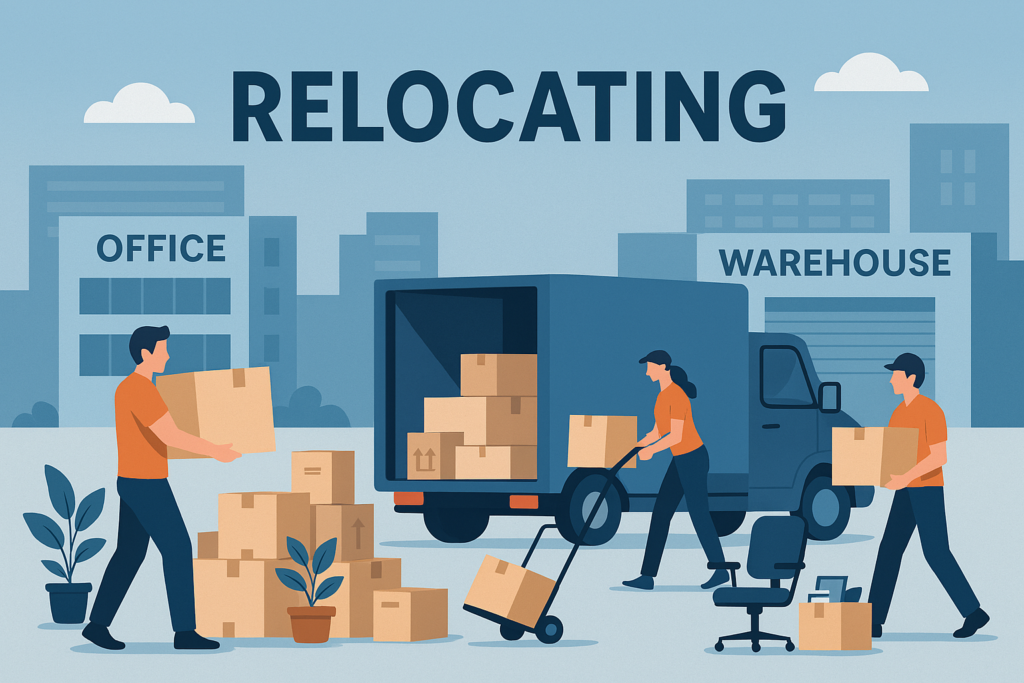 Illustration of moving service staff loading a moving truck with boxes