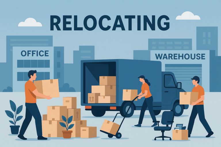 Illustration of moving service staff loading a moving truck with boxes