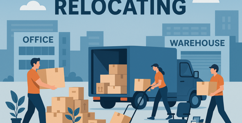 Illustration of moving service staff loading a moving truck with boxes